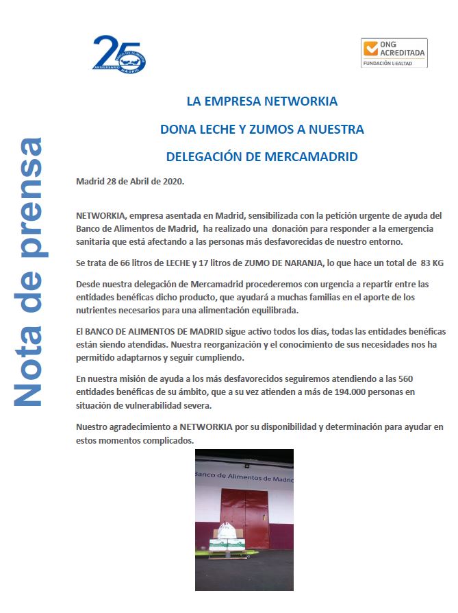 Donacion de alimentos NETWORKIA photo Donación de alimentos a MERCAMADRID